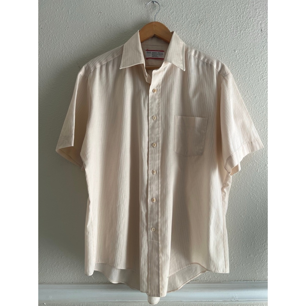 Vintage 70s SEARS Perma Prest Mens Shirt Short Sleeve Striped Beige Tan Sz 17 XL